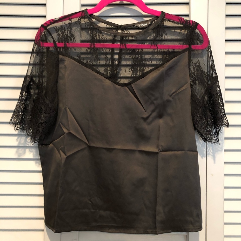SHEIN black lace shirt sleeve blouse